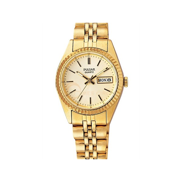 Womens Pulsar Classic Watch, 24mm Case, Goldtone, day date, W/R 30M, Barnes Jewelers Goldsboro, NC