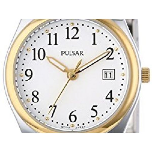 Womens Pulsar  Dress Watch, silver tone w/ gold tone accents, deployment clasp, 26mm case, Second hands, numerals, date, Mineral Barnes Jewelers Goldsboro, NC