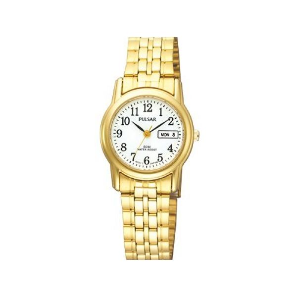 Ladies Pulsar Watch, Gold Tone Case & Bracelet, Day & Date Calendar,  White Dial, Mineral Crystal,  50 Meters Water Resistant. Barnes Jewelers Goldsboro, NC