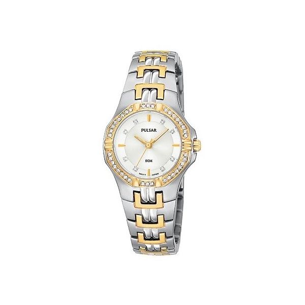 Womens Pulsar Watch,Silvertone with Gold tone Accents,  27.0mm, 46 Swarovski® crystals, 50M water resistant Barnes Jewelers Goldsboro, NC
