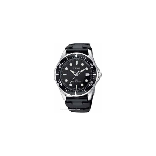 Pulsar Watch, Mens Pulsar, Black Divers Watch,100 M W/R, Date, Mineral Crystal, Stainless Steel, 40mm bezel, Black, Silicone Ban Barnes Jewelers Goldsboro, NC
