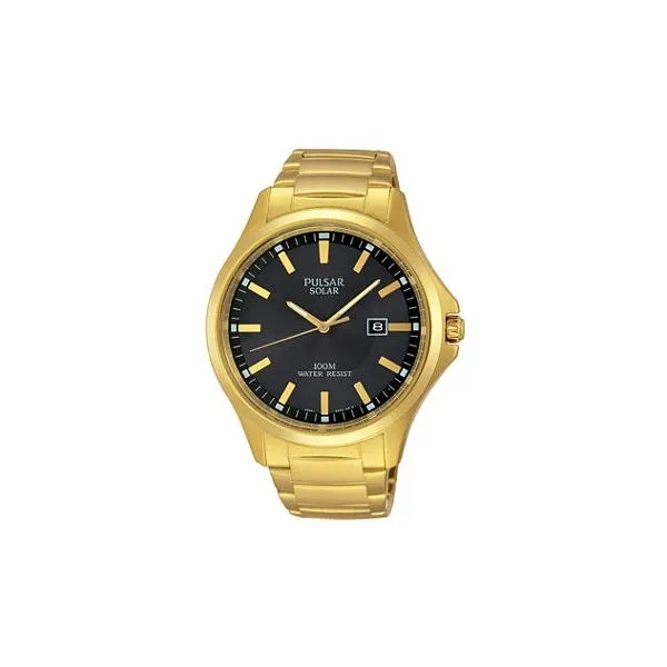 Men's Pulsar Solar Watch, Yellow Stainless Steel, 44mm, Black Dial, Date,  LumiBrite Hands & Markers, 100M W/R, Deployment Clasp Barnes Jewelers Goldsboro, NC