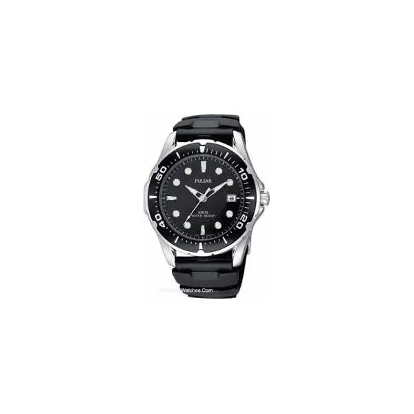 Mens Pulsar, Black Divers Watch,100 M W/R, Date, Mineral Crystal, Stainless Steel, 40mm bezel, Black, Silicone Band Barnes Jewelers Goldsboro, NC