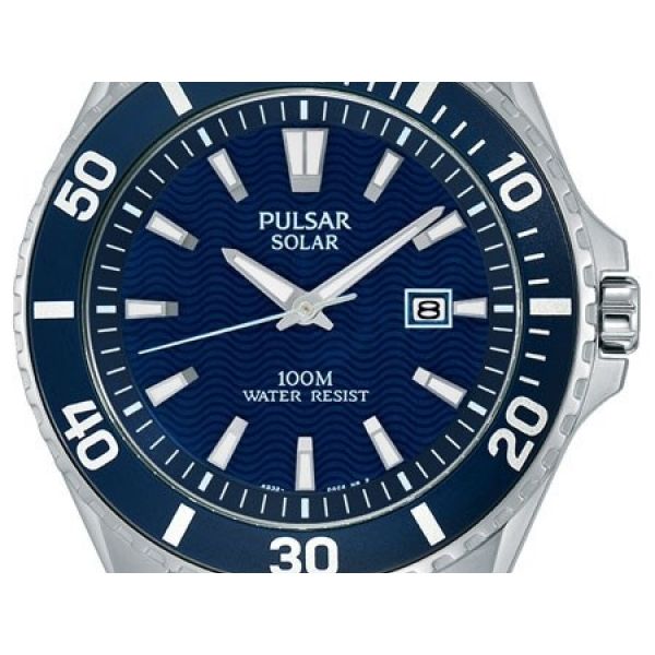 Men's Pulsar Sport Watch,  Solar, Stainless Steel with Blue Dial and Rotating Bezel, 44mm, W/R 100M, Mineral Crystal, Luminous H Barnes Jewelers Goldsboro, NC