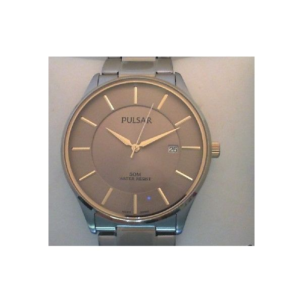 Gents Pulsar Watch, Stainless Steel w/ Goldtone Accents, Date, W/R, Curved Mineral Crystal Barnes Jewelers Goldsboro, NC