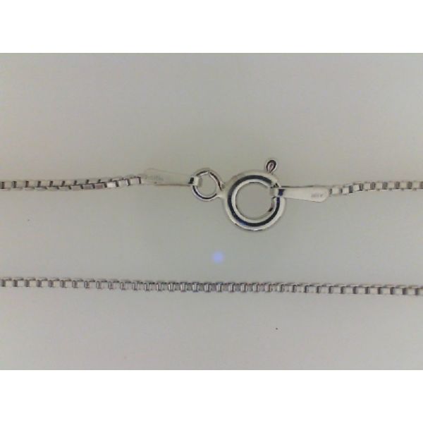 MMA - Rhodium Sterling Silver 1mm Box Chain, Spring Ring Clasp  Length 20, RPBX20 Image 2 Barnes Jewelers Goldsboro, NC