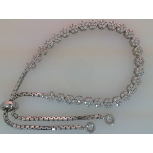Rhodium Sterling Silver Bolo Bracelet w/ CZ Flower Clusters, Adjustable, Barnes Jewelers Goldsboro, NC