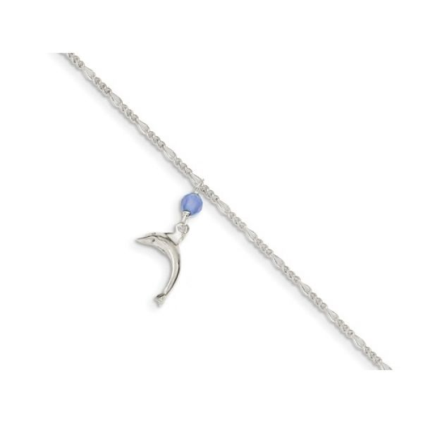 Sterling Silver Blue Quartz Bead and Dangling Dolphin on a 2mm Figaro Ankle Bracelet, Spring Ring Clasp Barnes Jewelers Goldsboro, NC