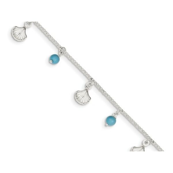 Sterling Silver Polished Ankle Bracelet w/ Shells and Turquoise Beads . 9