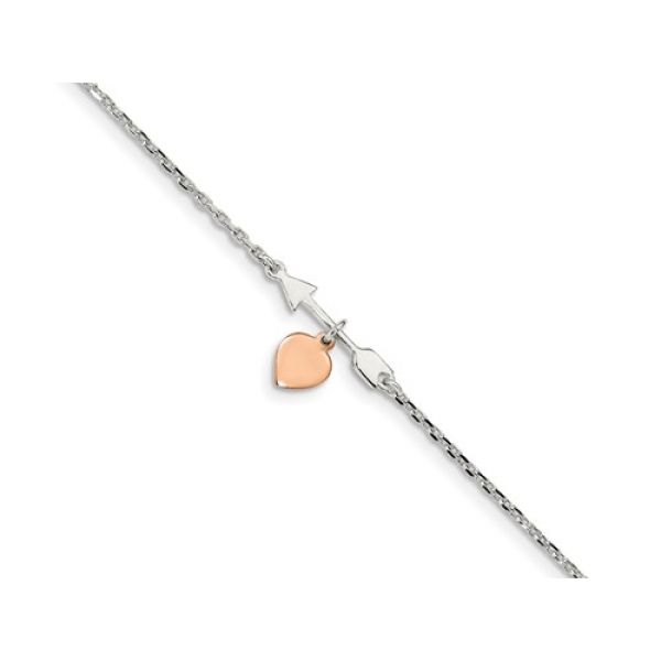 Sterling Silver Ankle Bracelet. Arrow with Rose-tone Heart,  10