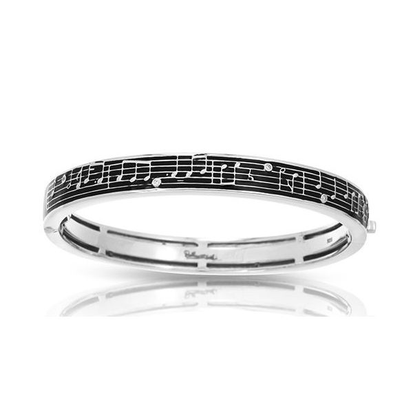 Rhodium Sterling Silver Bracelet, Black Enamel with CZ's, Hinged, Size Medium. Barnes Jewelers Goldsboro, NC