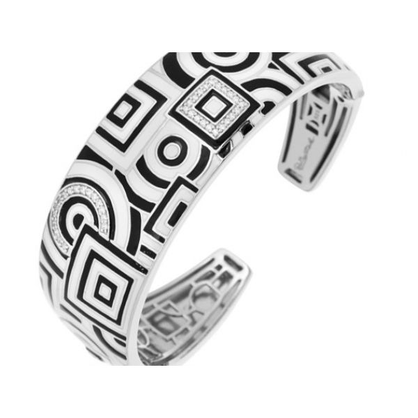 Rhodium Sterling Silver Bracelet, Black and White Enamel and CZ's, Side Hinged, Size Medium Barnes Jewelers Goldsboro, NC