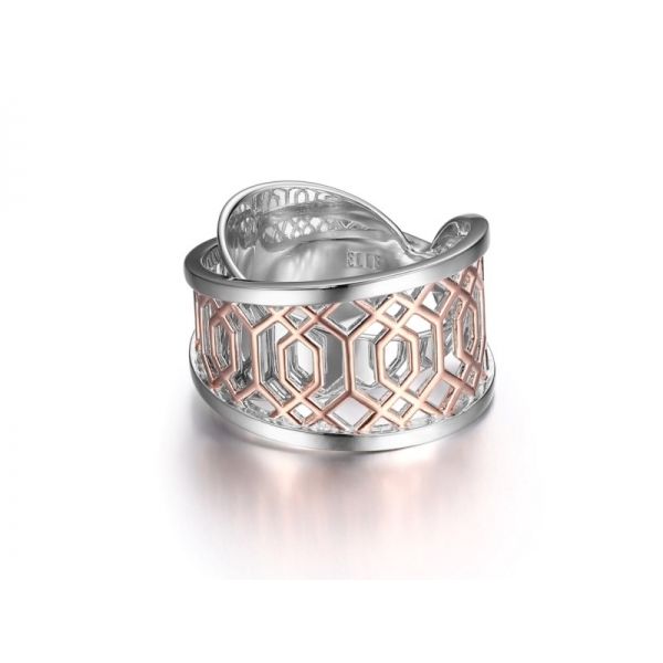 Rhodium and Rose Gold Plated Sterling Silver Band/Ring. w/RGP  Lattice work. Size 7. Barnes Jewelers Goldsboro, NC