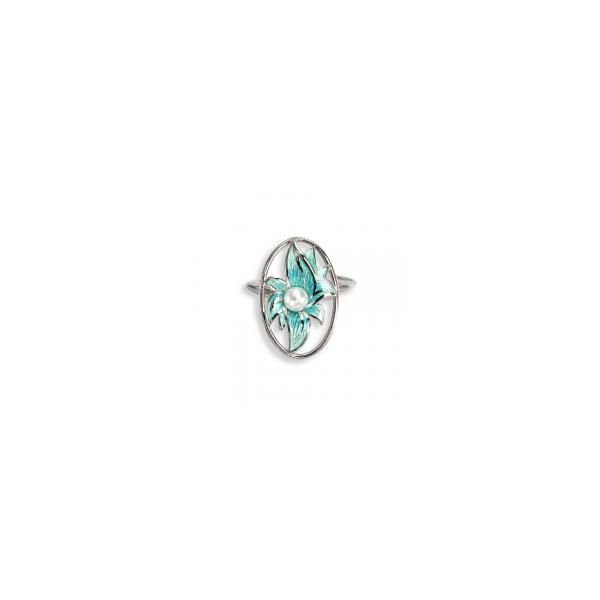 Rp Sterling Silver  Floral Ring  w/ Freshwater Pearl and turquoise enamel. adjustable sizing Barnes Jewelers Goldsboro, NC