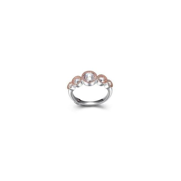 Rhodium & Rose Plated Ring. w/ 5 Round CZs. One 6mm, Two 4mm and Two 3mm. Essence Collection.   Size 7. Barnes Jewelers Goldsboro, NC