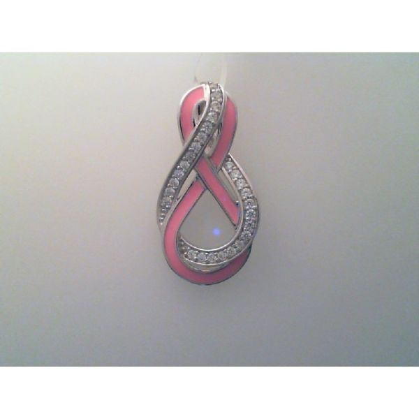 Rhodium Sterling Silver - Evermore Pendant 32mm. -w/Hand Painted Pink Italian Enamel and CZ's. Barnes Jewelers Goldsboro, NC