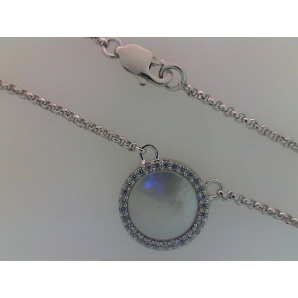 Round Mother of Pearl Pendant w/ CZ Halo 12mm on a  Rhodium Sterling Silver Rollo Chain,  Length 18