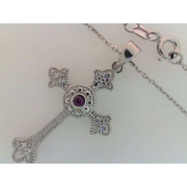 Rhodium Sterling Silver Cross Pendant, approx. 31mm x 19mm,  Ruby Center & Clear CZ's, w/ Bail, Spring Clasp,  Chain 18
