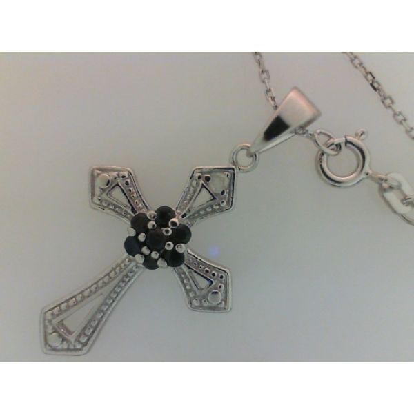 Rhodium Sterling Silver Cross Pendant, approx.  19mm x 28mm, w/ Diamond accent and  7 Black Sapphires Center, Bail, Chain Length Barnes Jewelers Goldsboro, NC