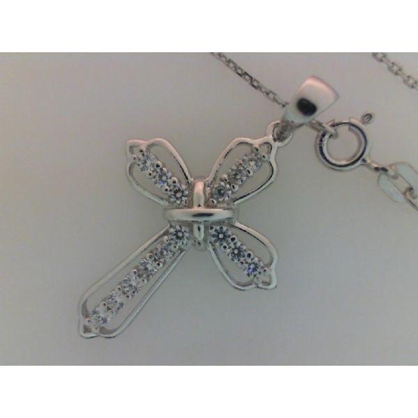 Rhodium Sterling Silver Cross Pendant, w/ Cubic Zirconias, approx. 20mm x 29mm, Polished, Bail, Length 18