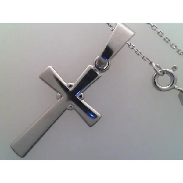 Rhodium Sterling Silver Polished Cross, approx 16mm x 30mm, with Bail,  Cable Chain 18