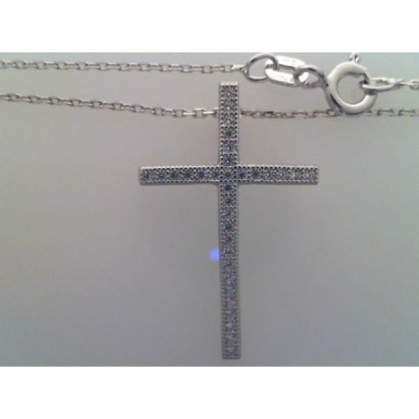 Rhodium Sterling Silver Micro Pave Cross Pendant , Approx 25mm X 16mm, 33  Cubic Zirconias,  Cable Chain 18
