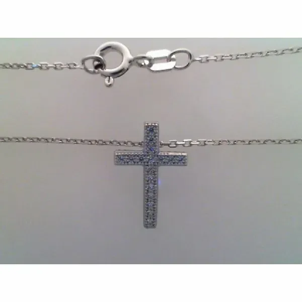 Rhodium Sterling Silver Micro Pave Cross Pendant, apx, 9mm x 14mm, 17 Cubic Zirconias,  cable chain 18