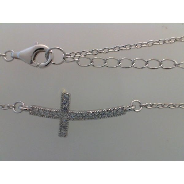 Rhodium Sterling Silver, Curved Sideways Pave Cross Necklace, Cross=10mm x 24mm,  Cubic zirconias,  Cable Chain, Length 16+2