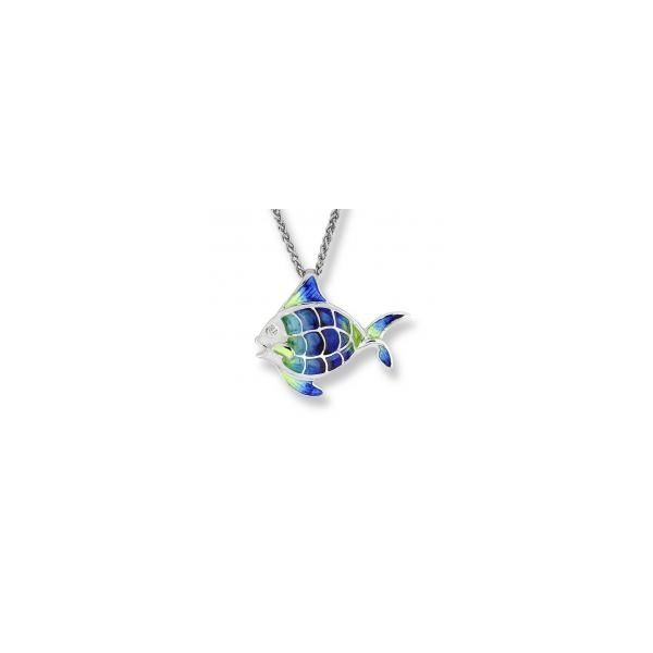 Rp Sterling Silver Angel Fish Pendant , w/  blue/ green enamel, white sapphire. adjustable cable chain up to 18