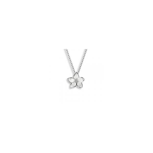 Rp Sterling Silver  Stephanotis Floral  Pendant, w/white enamel, white sapphire, adjustable cable chain to 18