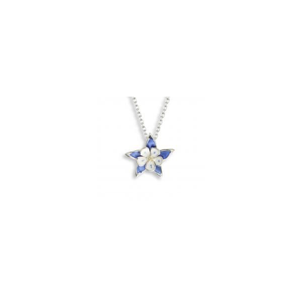 Rp Sterling Silver Columbine Pendant w/ blue and white enamel, adjustable cable chain to 18