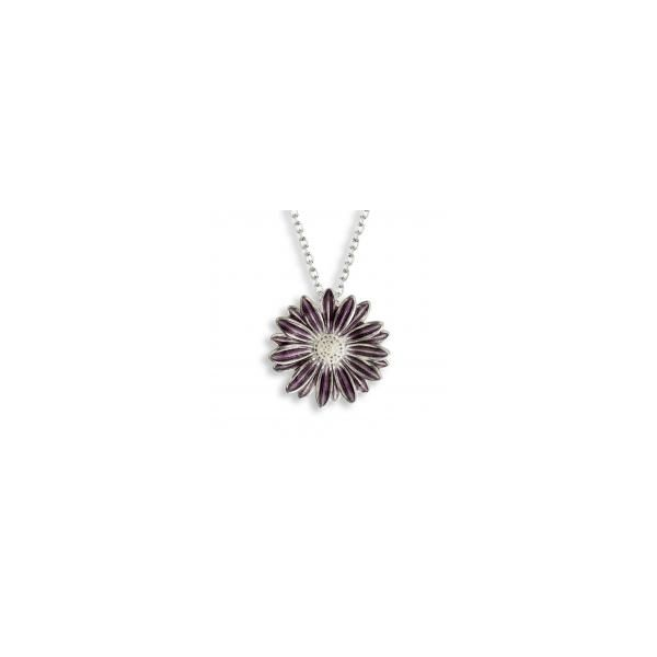 Rp Sterling Silver African Daisy Pendant, Purple  Enamel, Adjustable Cable Chain to Length 18 Barnes Jewelers Goldsboro, NC