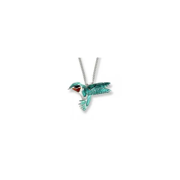 Rp Sterling Silver Hummingbird Pendant w/ multi colored enamel, Tiny Curb Chain 19