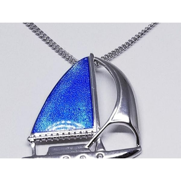 Rhodium Sterling Silver Sailboat Pendant, 25mm, w/ Vitreous Blue enamel sail. Chain 17