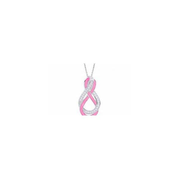 Rhodium Sterling Silver - Evermore Pendant 32mm. -w/Hand Painted Pink Italian Enamel and CZ's. Barnes Jewelers Goldsboro, NC