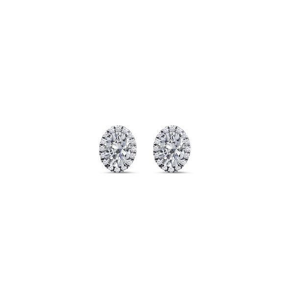 18K White Gold over Sterling, Oval Halo Stud earrings with Simulated Diamonds 1.80tw Barnes Jewelers Goldsboro, NC