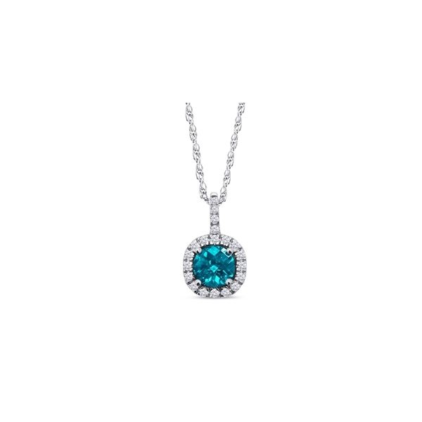 18Kwp Sterling Silver Halo Pendant w/ 1.04tw Aqua and White simulated stones  Length 18 Barnes Jewelers Goldsboro, NC