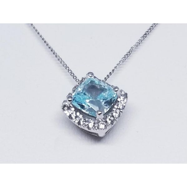 18Kwp Sterling Silver  Princess  Halo Pendant w/ Aqua and White 1.4 tw simulated  diamonds Length 18 Barnes Jewelers Goldsboro, NC
