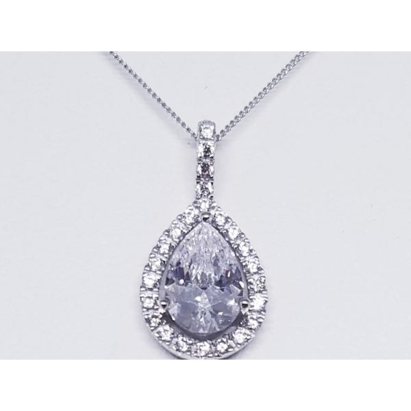 18K White Gold over  Sterling Silver Pear Halo Silver Pendant w/ 1.33tw simulated Diamonds,  Length 18 Barnes Jewelers Goldsboro, NC