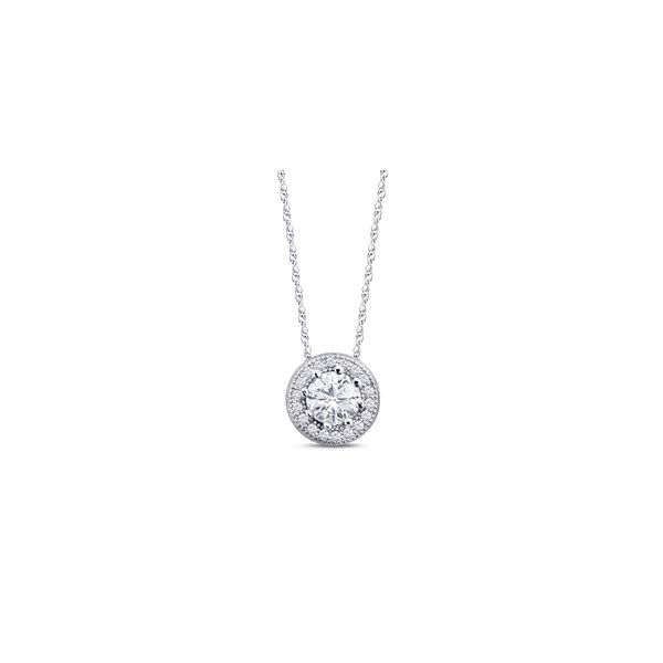 18K White Gold over  Sterling Silver Round Halo Pendant  w/ 0.64tw simulated diamonds   Length 18 Barnes Jewelers Goldsboro, NC