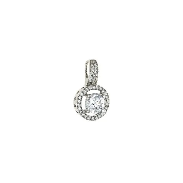 18K White Gold over  Sterling Silver Round Halo Pendant w/ 1.27 tw Simulated Diamonds  w/ chain, Length 18 Barnes Jewelers Goldsboro, NC