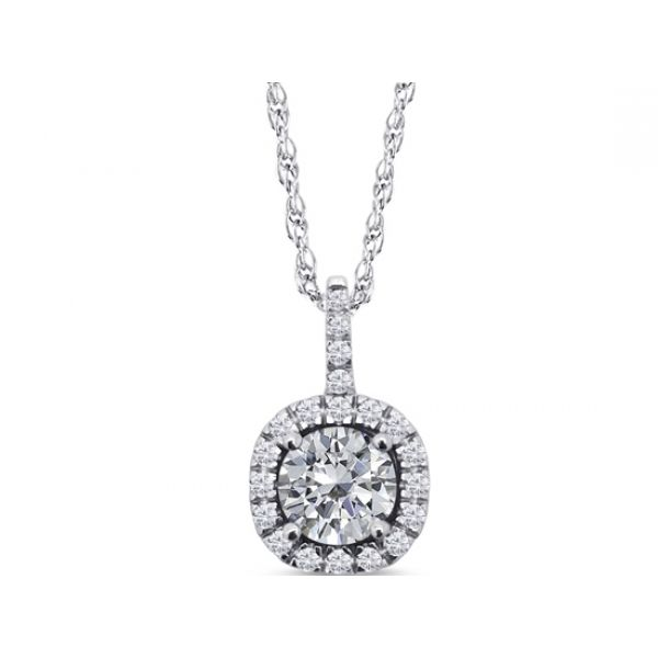 18K White over Sterling Silver Silver Halo Pendant  w/ 1.04tw Round Simulated diamonds     Length 18 Barnes Jewelers Goldsboro, NC