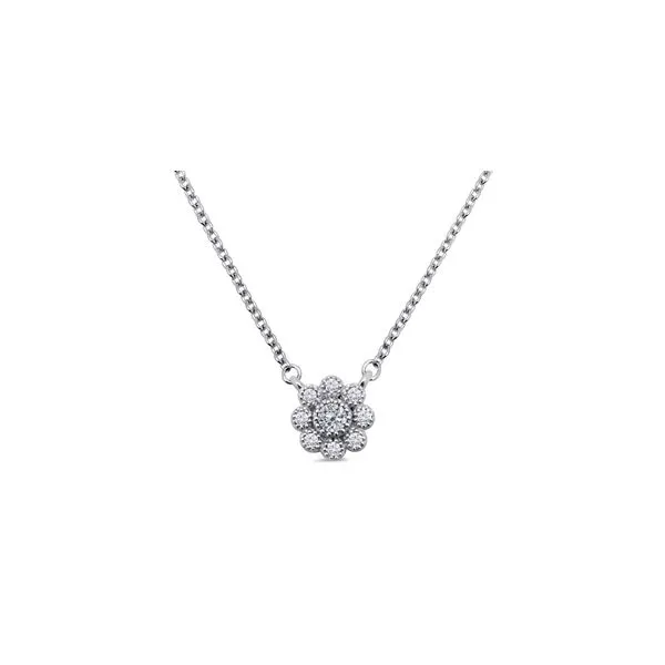 18KW over Sterling Silver Necklace w/ flower pendant.Pave Simulated Diamonds,0.13tw 16+2