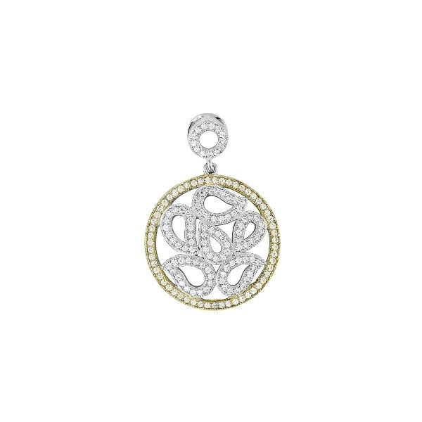 Two Tone 18K Sterling Silver Openwork Circle Pendant  Set with DESO Ideal Cut 1.54 tw Simulated Diamonds   .Pendant Only.    132 Barnes Jewelers Goldsboro, NC
