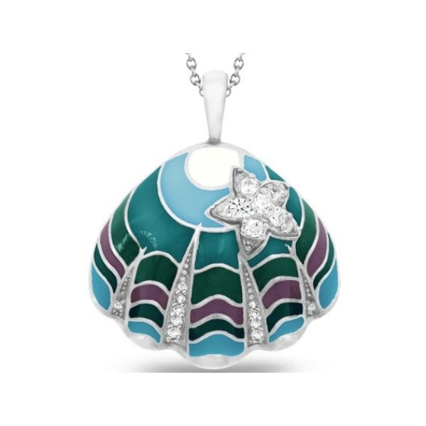 Rhodium Sterling Silver Ocean Blue Clam  Pendant with Shell Pearl Inside. Enamel and CZs.  Chain sold separate. Barnes Jewelers Goldsboro, NC