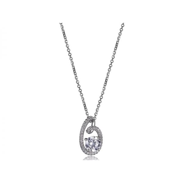Rhodium Sterling Silver Pendant with 6.5mm Round CZ . 1.2mm Faceted Rolo Chain 18