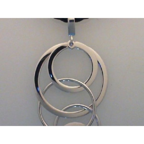 Rhodium Sterling Silver Multi Rings Dangle Pendant on a Black Rope Cord w/SS Lobster Clasp. Barnes Jewelers Goldsboro, NC