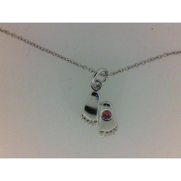 Rhodium Sterling Silver Baby Feet Pendant  with  Pink Tourmaline, October.   Length 18