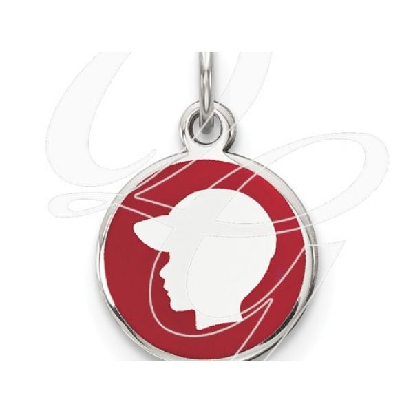 Rhodium Sterling Silver  Boy Silhoutte Charm w/Red enamel, Left Facing, ball cap. Barnes Jewelers Goldsboro, NC