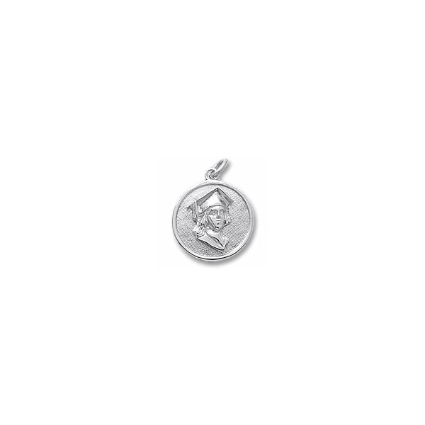 Rhodium Sterling Silver Female Graduation Disc, Charm/pendant, Embossed,  16.8mm,  engravable Barnes Jewelers Goldsboro, NC